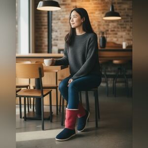 NWT Crocs Women's Adela Foldover Pink Suede Winter Boots Faux Shearling Navy 6